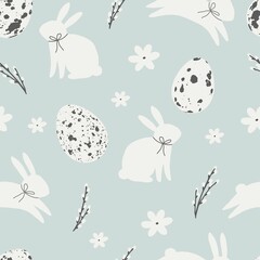 Materiał do szycia Happy Easter - vector print. Cute spring card with quail eggs, flowers, Willow twigs, bunny, leaf and design elements in flat style. Seamless pattern	
