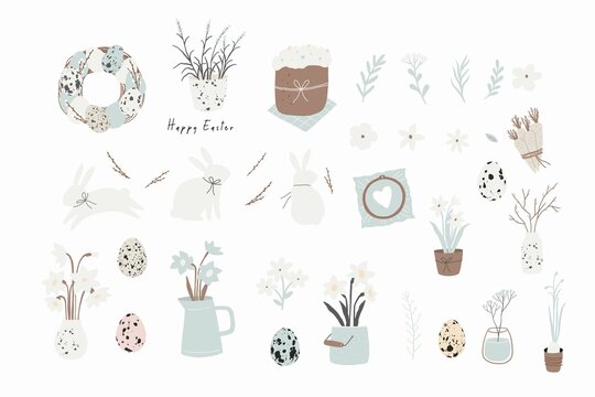 Happy Easter - vector print. Cute spring card with quail eggs, flowers, Willow twigs, bunny, leaf and design elements in flat style
