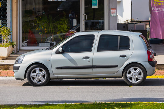 Side; Turkey – February 20  2022:   silver Renault Clio  is parked  on the street on a warm summer day
