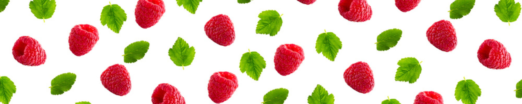 Raspberries abstract background. Fruit pattern of colorful wild berries isolated on white background. Raspberries, blackberry and brumble. Top view. Flat lay banner