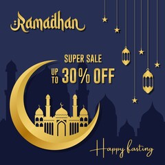 Ramadan sale poster promotion, Special offer up to 30% off with crescent moon, lantern, and landscape mosque. Islamic Background. Flat Illustration. Vector Illustration.