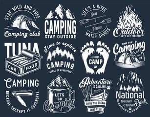 Fototapeta premium Camping outdoor travel adventure emblems, big camp set with campfire, hiking gear, wild eagle and forest