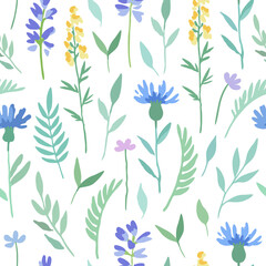 Fototapeta na wymiar Seamless pattern with abstract meadow flowers in delicate watercolor style.
