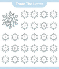 Trace the letter. Tracing letter alphabet with Snowflake. Educational children game, printable worksheet, vector illustration