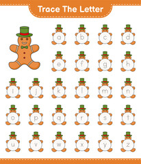 Trace the letter. Tracing letter alphabet with Gingerbread Man. Educational children game, printable worksheet, vector illustration