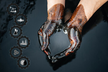 Crude oil in the hands due to a fuel oil leak. process of processing petroleum products. Cupped hands with fuel oil. the crisis of the oil and gas industry. Economic downturn. - obrazy, fototapety, plakaty