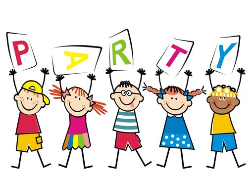Children with text party, happy vector illustration, color picture on white background.