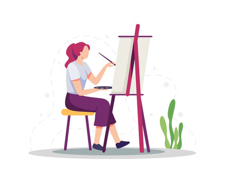 Painting flat illustration concept. Young woman paint using Easel, Canvas, Brushes and Watercolor. Vector illustration in a flat style