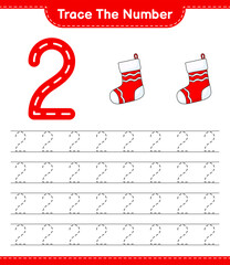 Trace the number. Tracing number with Christmas Sock. Educational children game, printable worksheet, vector illustration
