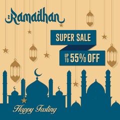 Ramadan sale poster promotion, Special offer up to 55% off with lantern, and landscape mosque. Islamic Background. Flat Illustration. Vector Illustration.