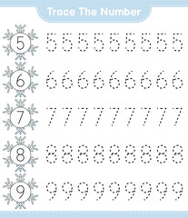 Trace the number. Tracing number with Snowflake. Educational children game, printable worksheet, vector illustration
