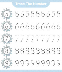 Trace the number. Tracing number with Snowflake. Educational children game, printable worksheet, vector illustration