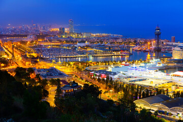 Fototapeta na wymiar Aerial view of the evening city of Barcelona, the capital of the autonomous region of Catalonia, Spain