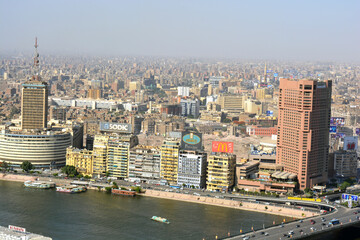 Aerial view of the skyline of Cairo cityscape showing Maspero triangle before Egypt real estate new...