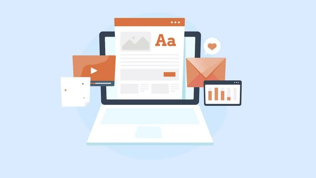 Content marketing management, blogging cms, social media data monitoring, seo analytics, email subscription,  digital branding, business promotion concept, 2d animation 4k video clip.