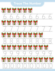 Trace the number. Tracing number with Gift Box. Educational children game, printable worksheet, vector illustration