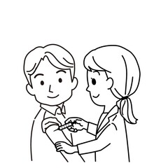 イラスト素材：ビジネスマン風の男性への新型コロナワクチン接種（予防接種/笑顔/白黒/主線あり）
