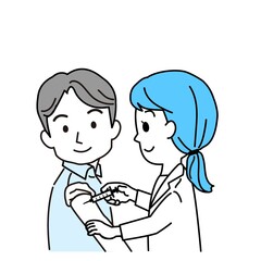 イラスト素材：ビジネスマン風の男性への新型コロナワクチン接種（予防接種/笑顔/単色/主線あり）

