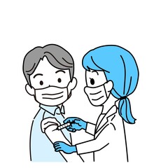 イラスト素材：ビジネスマン風の男性への新型コロナワクチン接種（予防接種/マスク/単色/主線あり）
