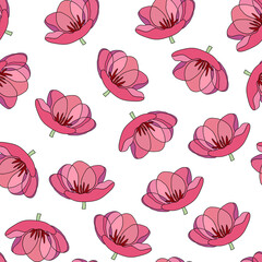Spring colorful vector illustration with pink tulips. Cartoon style. Design for fabric, textile, paper. Holiday print for Easter, Birthday, 8 march. Flowers with leaves
