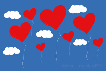 Obraz na płótnie Canvas Heart shaped red balloons with with balloon threads and clouds against blue sky. Vector illustration according to the concept of simplicity