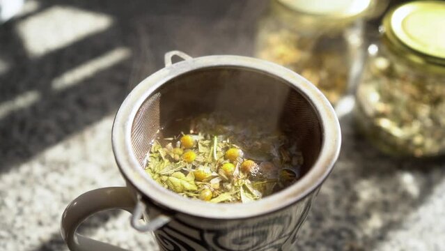 Preparing hot chamomile and boldo tea