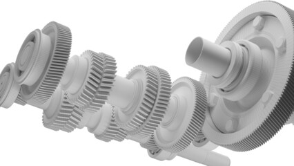 Automotive gearbox, 3d render. Gears in the mechanism, polygonal illustration.