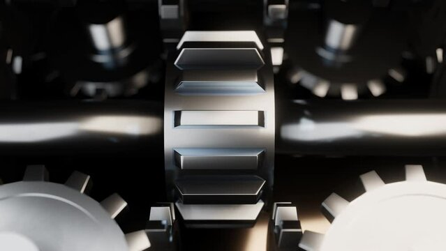 Closeup of Gearwheels spinning. Loop of 3D render animation of mechanical transmission made of shiny metal gearwheels.