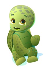 Little turtle. Cartoon person sits and smiles. Fun style. Child animal. Pet kid. Isolated on white background. Vector