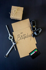 postcard , Internet banner , flat lay with a birthday greeting, with the inscription - happy birthday