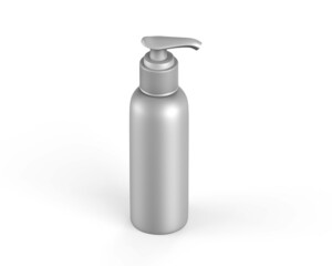 Blank metallic cosmetic bottle with pump dispenser for branding, Cosmetic bottle with pump mockup on isolated white background, 3d render illustration