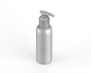 Blank metallic cosmetic bottle with pump dispenser for branding, Cosmetic bottle with pump mockup on isolated white background, 3d render illustration