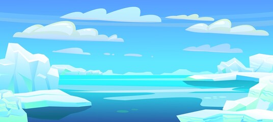 Arctic landscape. Iceberg ice Antarctica. Beautiful winter scenery. Blue sky clouds. Ice freeze into ocean. Far view winter horizon. Cold frozen water. Vector - obrazy, fototapety, plakaty