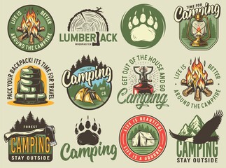 Camping outdoor emblem set, wild forest trip, boating adventure, mountains and campfire explore - obrazy, fototapety, plakaty