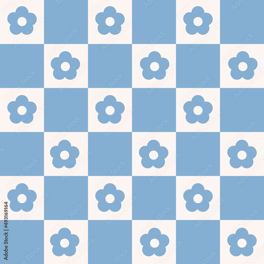 Poster checkerboard monochrome seamless pattern with blue geometric shaped flowers. colorful vector backgro