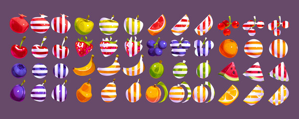 Fruit and berries game icons for casino or mobile app. Blueberry and strawberry, orange and grapefruit, apple and lemon, striped set of ui elements