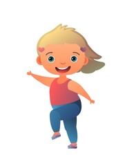 Little girl preschooler. In good mood. Person in summer clothes. Cheerful funny kid. Cute child. Baby joy. Cartoon style illustration. Flat design. Isolated on white background. Vector