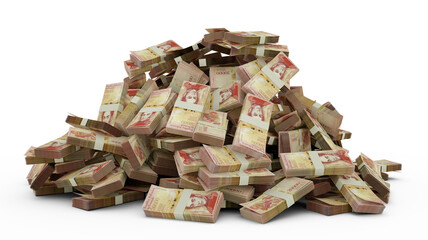 Big pile of Venezuelan bolivar notes a lot of money over white background. 3d rendering of bundles of cash - obrazy, fototapety, plakaty