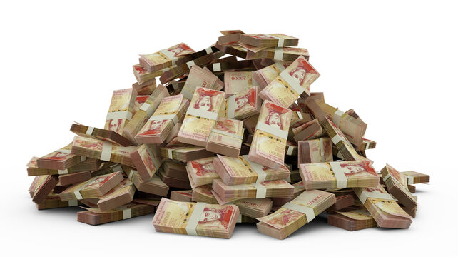 Big pile of Venezuelan bolivar notes a lot of money over white background. 3d rendering of bundles of cash