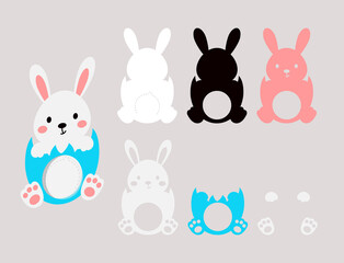 Cute bunny candy ornament. Layered paper decoration treat holder for dome. Hanger for sweets, candies for birthday, baby shower, Easter, Christmas. Print, cut out, glue. Vector stock illustration