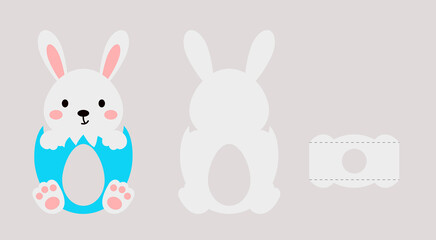 Cute easter bunny chocolate egg holder. Retail paper box for the easter egg. Printable color scheme. Print, cut out, glue. Vector stock illustration