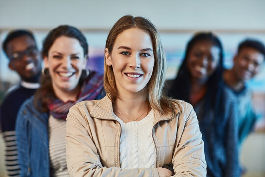 Were Going To Thrive In Our Future Careers. Portrait Of A Group Of University Students Standing Together At Campus.