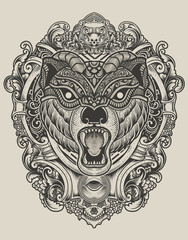 illustration bear head with vintage engraving ornament style