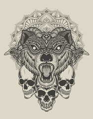 illustration bear head with skull and crow bird mandala