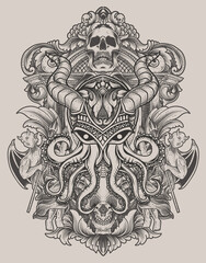 Fototapeta na wymiar illustration vintage octopus with engraving ornament style
