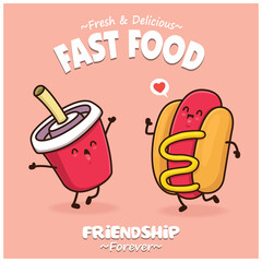 Vintage food poster design with vector drink, hot dog characters.