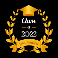 Class of 2022. Graduation certificate template. To congratulate the graduates of 2022. Golden laurel wreath and graduation hat