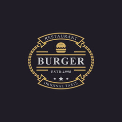 Fototapeta na wymiar Vintage Retro Badge Ham Beef Patty Burger for Fast Food Restaurant Logo Design Inspiration