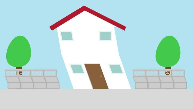 地震の影響で倒壊した家とブロック塀のアニメーション