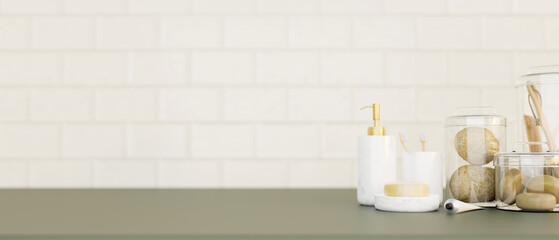 Fototapeta na wymiar Bath products and copy space on modern bathroom countertop